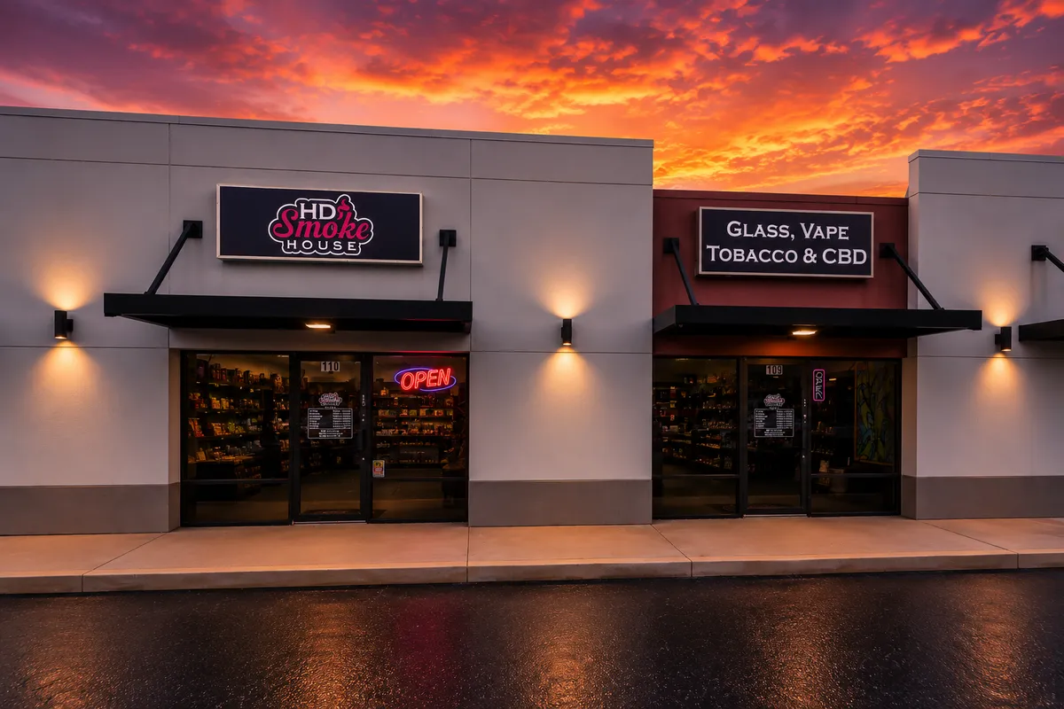 HD Smoke House storefront at sunset